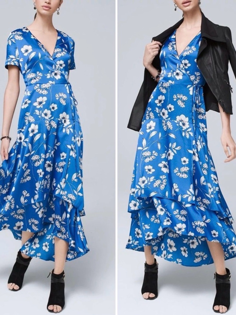 White House Black Market Blue Floral High-Low Wrap Dress